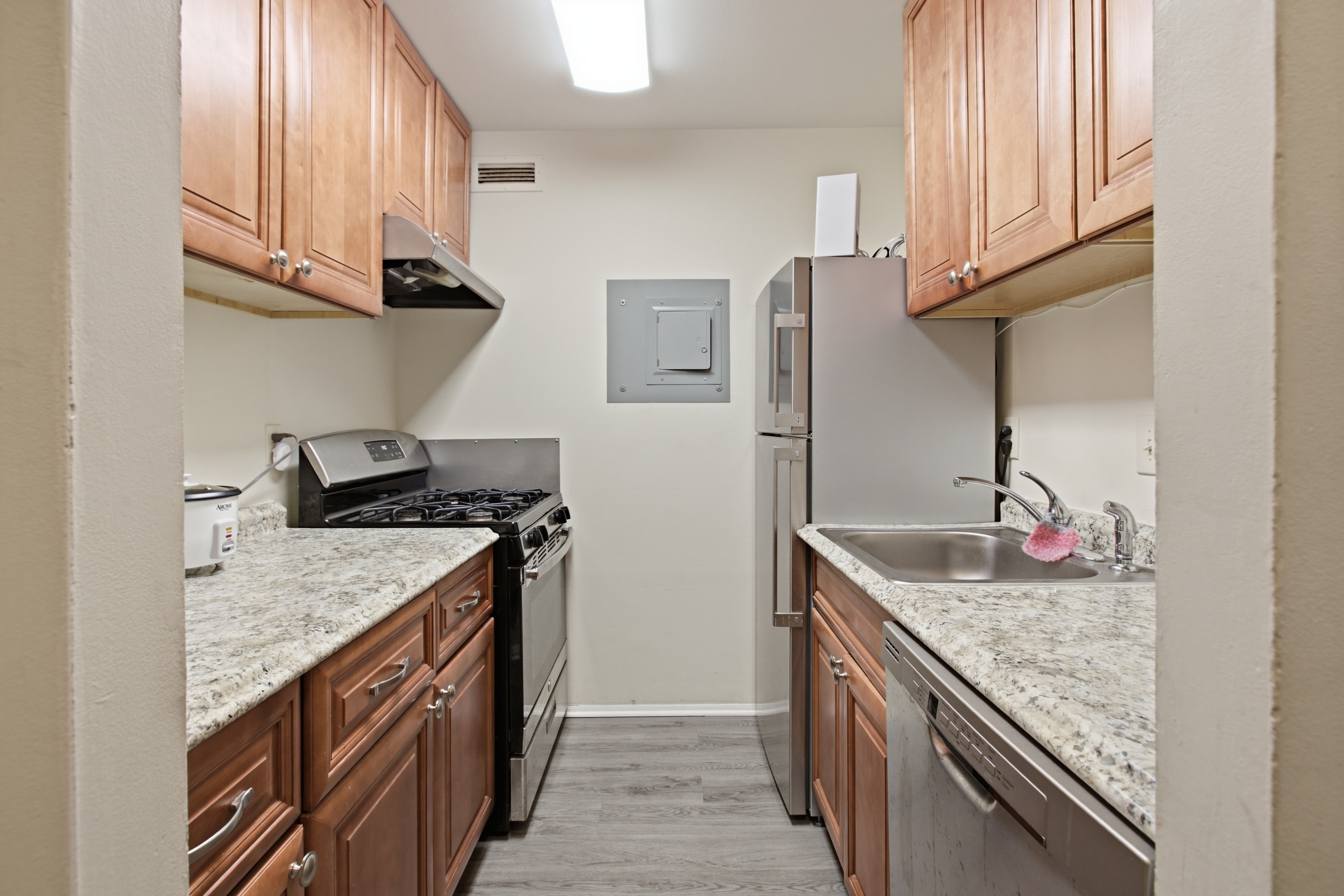 Kitchen with granite countertops and stainless steel appliances